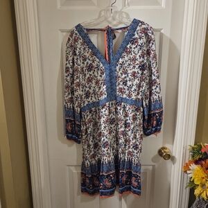 LOFT Blue and White Floral Long-Sleeve Tiered Dress